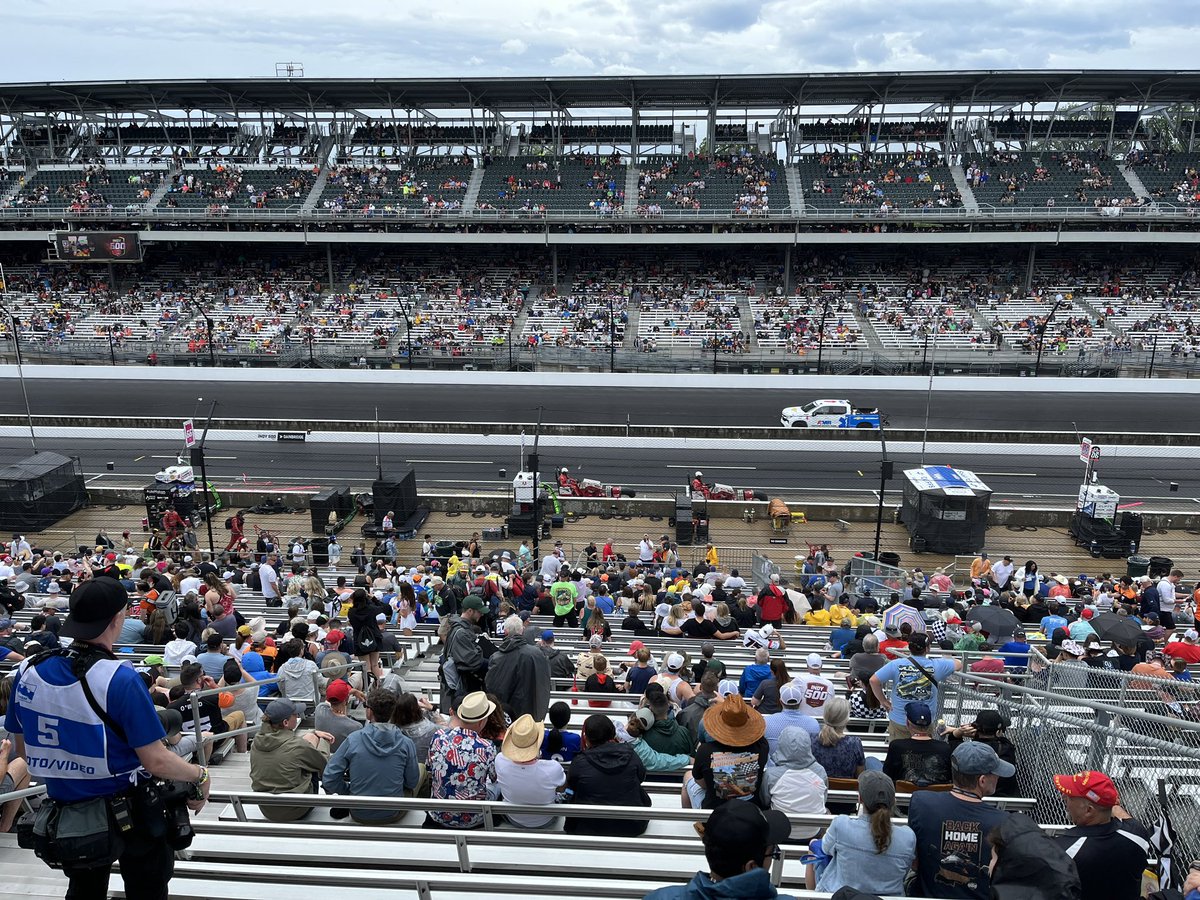 Stands filling back up at the Indianapolis Motor Speedway. Sun trying to break through the clouds. Track drying well underway. #Indy500