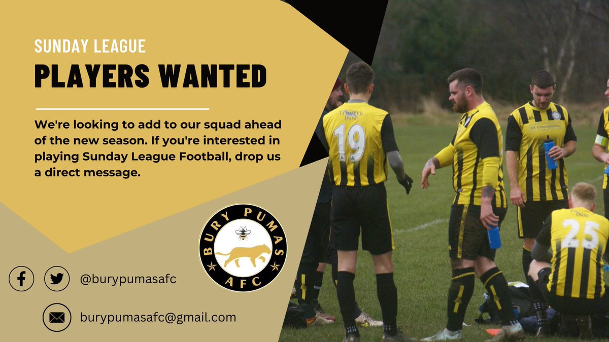 BuryPumasAFC's tweet photo. ⚽️Looking for a Sunday League team?

Bury Pumas are looking for new players ahead of the next season!

Let us know if you’re interested in joining us by sending us a direct message.

#SundayLeague #Football #Manchester https://t.co/4nD1wBuk80