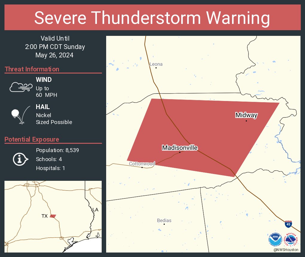 Severe Thunderstorm Warning including Madisonville TX and Midway TX until 2:00 PM CDT