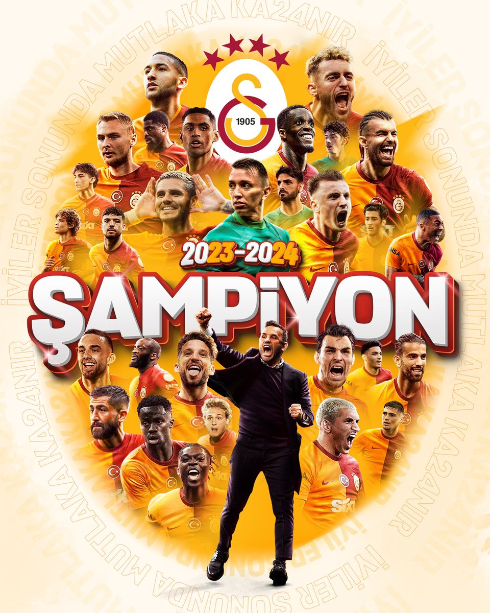 Trendyol Süper Lig 2023-2024 sezonunu Şampiyon olarak tamamlayarak 24. kez ipi göğüsleyen tüm Galatasaray camiasını ve taraftarlarını tebrik ediyorum.🏆 Şampiyon @Galatasaray ❤️💛
