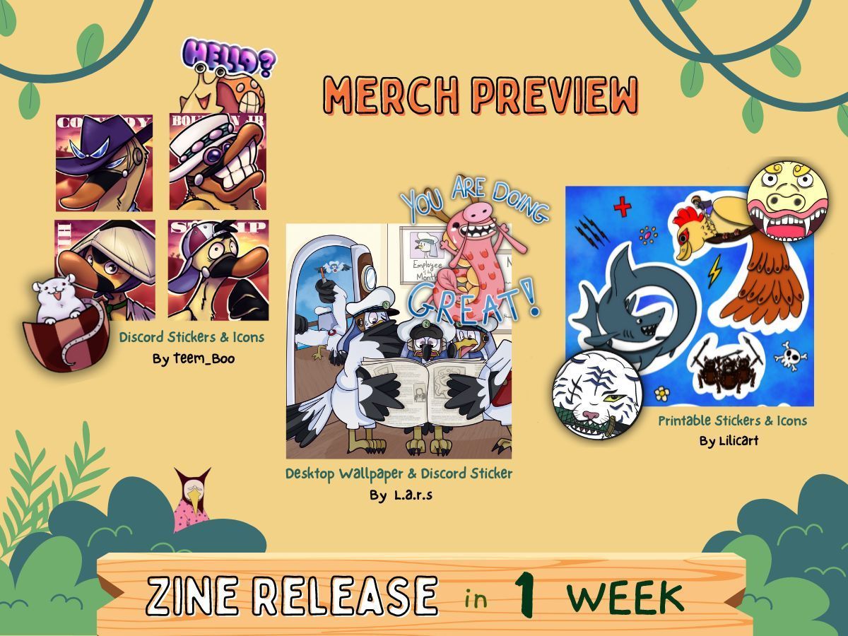 🐾 Zine Release in 1 Week! 🐾 Our first preview of the brilliant digital merch to come!! 📸🛻🧡 Discord Stickers & Icons: @Teem_Boo Desktop Wallpaper & Discord Sticker: @larsarttarchive Printable Stickers & Icons: Llilicart