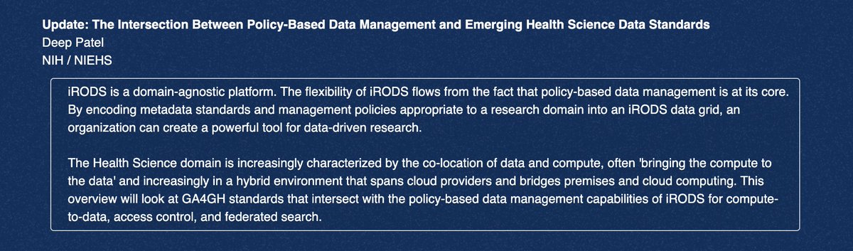 On May 30 at 3:20 PM CET / 9:20 AM ET, @NIEHS will share an overview of how #GA4GH standards intersect with the #policy-based #datamanagement capabilities of #iRODS for #computetodata, #accesscontrol, + #federatedsearch. #iRODSUGM #bigdata

Register today: irods.org/ugm2024/