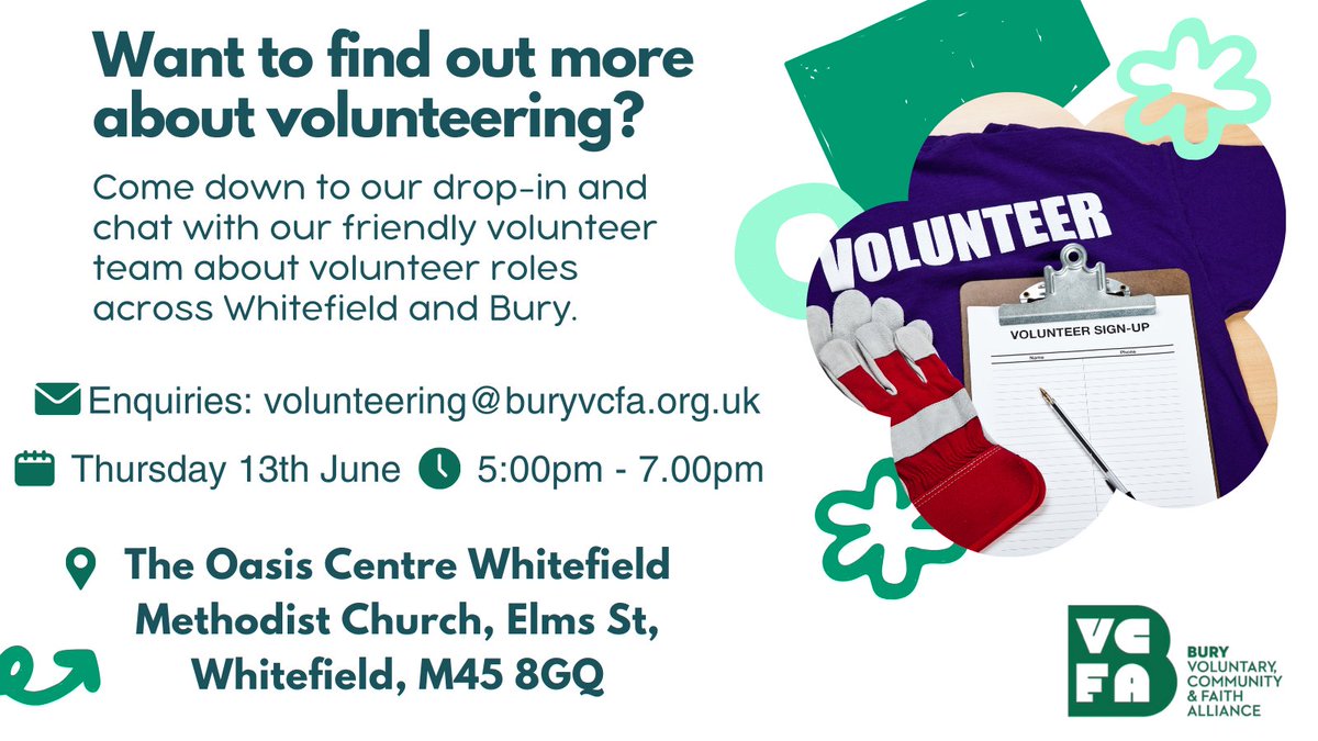 Want to find out more about volunteering? Come to our drop-in and chat with our friendly volunteer team about roles across Whitefield and Bury. 📅 Thursday 13th June, 5:00pm-7:00pm, at The Oasis Centre, Elms St, Whitefield, M45 8GQ. #Volunteering #betterbury