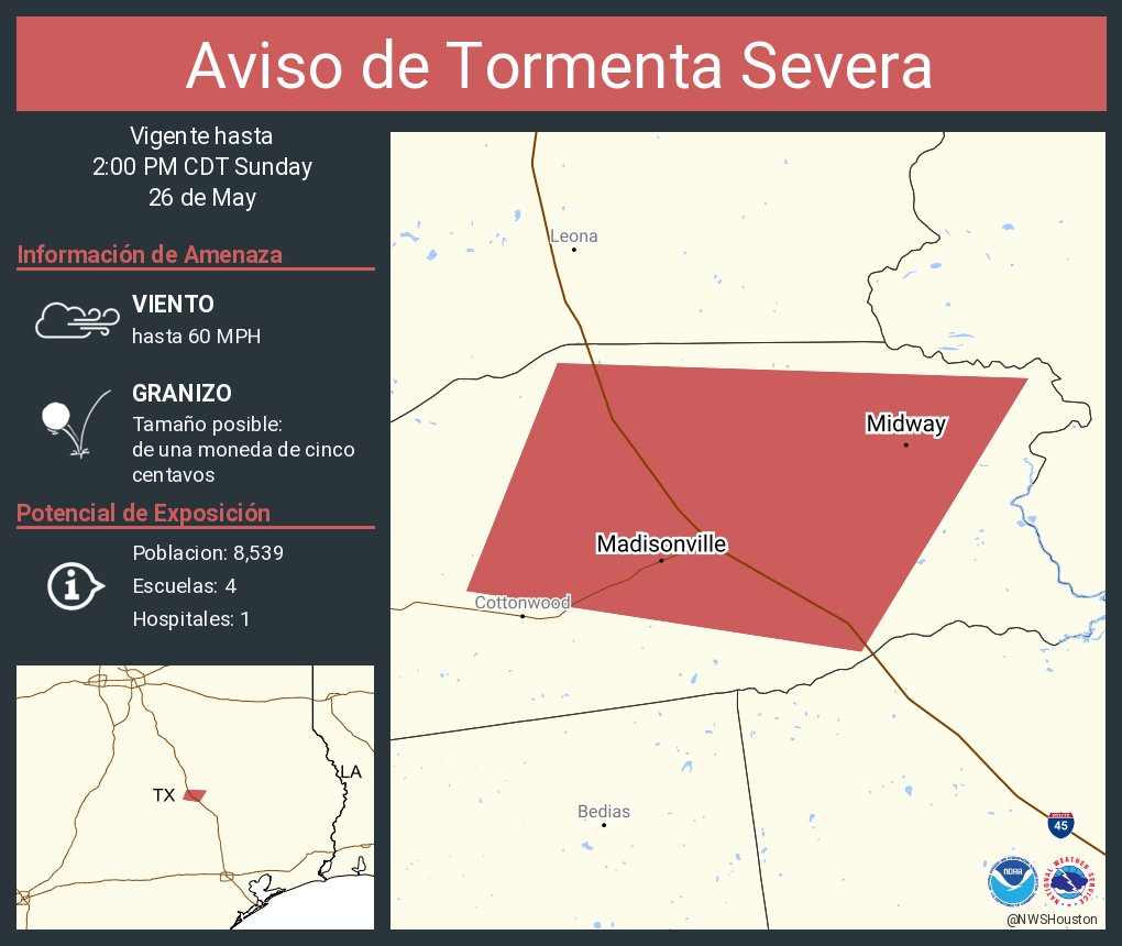 Aviso de Tormenta Severa incluye Madisonville TX, Midway TX hasta las 2:00 PM CDT