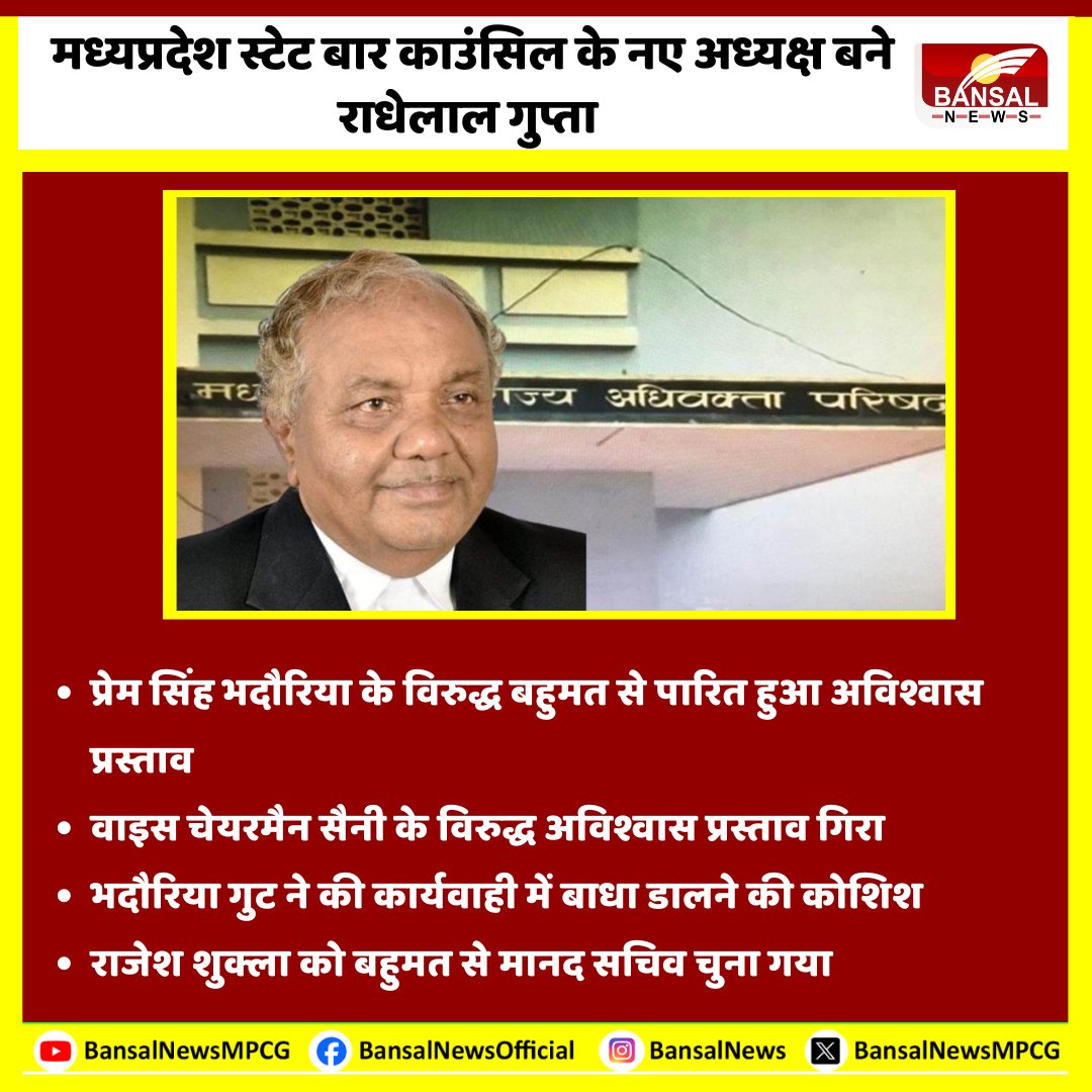 MP News: मध्यप्रदेश स्टेट बार काउंसिल के नए अध्यक्ष बने राधेलाल गुप्ता, निर्विरोध चुने गए #MadhyaPradeshNews #Madhyapradeshstatebarcouncil #chairman #Radhelalgupta