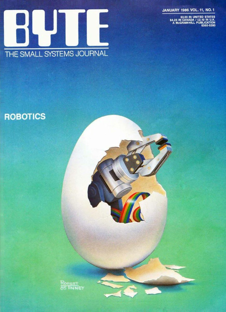 Byte magazine discusses robotics. January, 1986. Art by Robert Tinney.