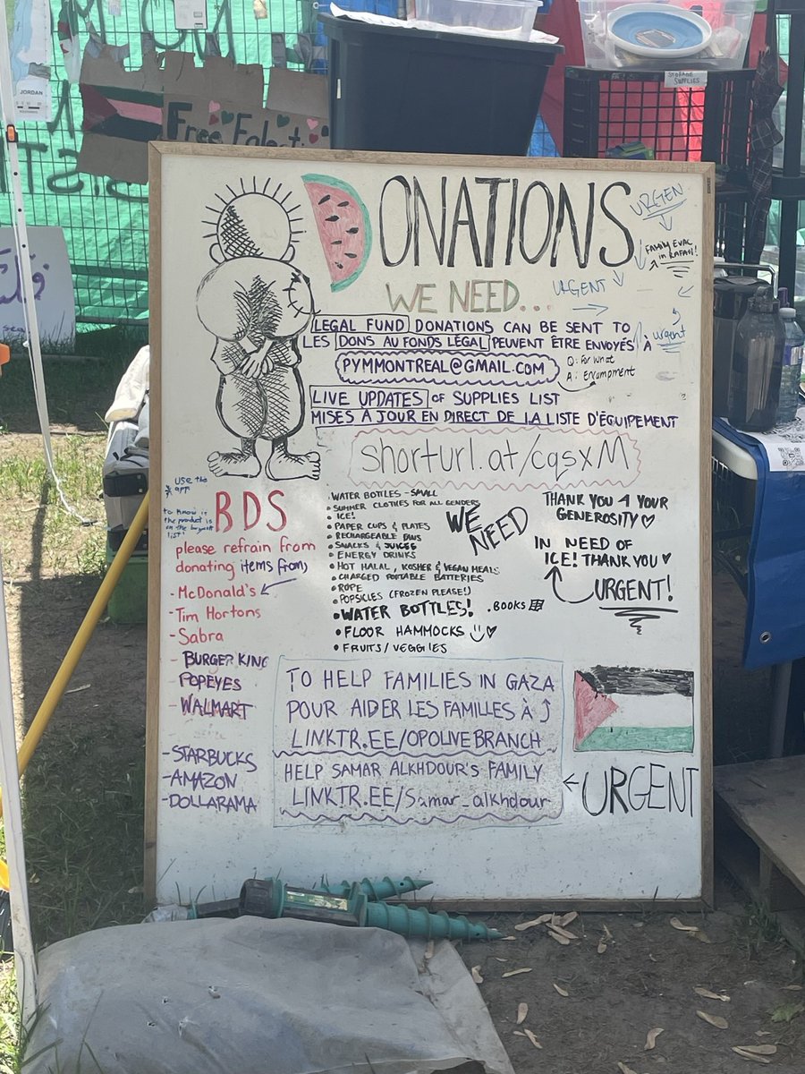 here’s a list of donations needed at the McGill encampment, where the students have officially been asking the school to divest for a full month