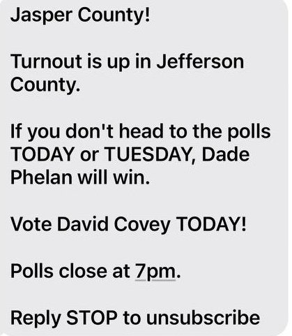 Golden Triangle: It appears the David Covey campaign has been sounding the alarm in Jasper County #txlege