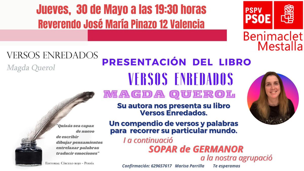 psoeBenimaclet's tweet photo. 📝Jueves, 30 de Mayo 
🕢 19:30 📍@psoeBenimaclet 
Presentación 📕”Versos Enredados” de Magda Querol Giner @MagdaQuerol 

La literatura es cultura y la cultura también es Europa https://t.co/kBvRQh3wFl