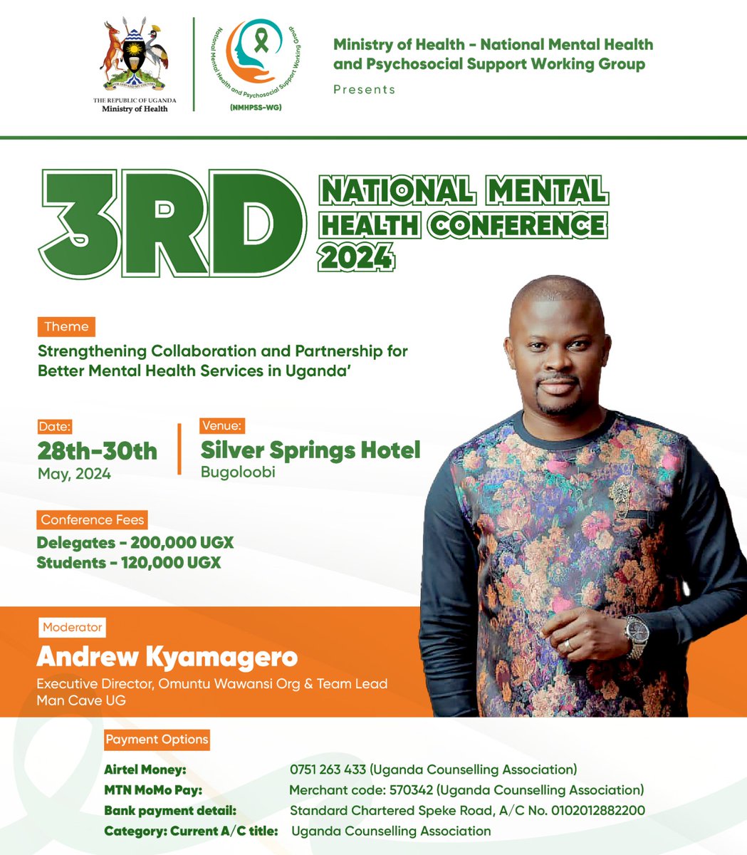 Mental Health & Psychosocial Support Working Group (@nmhpsswg) on Twitter photo Our official Master of Ceremony for the 3rd National Mental Health Conference.
<a href="/kyamageroandrew/">Andrew Kyamagero</a>
<a href="/ManCaveUg/">ManCaveUG</a>
<a href="/MinofHealthUG/">Ministry of Health- Uganda</a>
<a href="/counsellingug/">Uganda Counselling Association (UCA)</a> <a href="/TpoUg/">TPO Uganda</a> <a href="/refugeelawproj/">Refugee Law Project</a> <a href="/africar_centres/">AfricaRetreatCentres(ARC)</a> <a href="/REPSSI/">REPSSI</a> <a href="/MakeStrongMinds/">StrongMinds</a> <a href="/GittaEmmanuel/">Emmanuel Freeman</a> @safe_treatment <a href="/THRIVEGulu/">THRIVEGulu</a> <a href="/naswu_/">National Association Of Social Workers of Uganda</a> <a href="/CVTorg/">Center for Victims of Torture</a> <a href="/UPAuganda/">UPA</a> Our official Master of Ceremony for the 3rd National Mental Health Conference.
<a href="/kyamageroandrew/">Andrew Kyamagero</a>
<a href="/ManCaveUg/">ManCaveUG</a>
<a href="/MinofHealthUG/">Ministry of Health- Uganda</a>
<a href="/counsellingug/">Uganda Counselling Association (UCA)</a> <a href="/TpoUg/">TPO Uganda</a> <a href="/refugeelawproj/">Refugee Law Project</a> <a href="/africar_centres/">AfricaRetreatCentres(ARC)</a> <a href="/REPSSI/">REPSSI</a> <a href="/MakeStrongMinds/">StrongMinds</a> <a href="/GittaEmmanuel/">Emmanuel Freeman</a> @safe_treatment <a href="/THRIVEGulu/">THRIVEGulu</a> <a href="/naswu_/">National Association Of Social Workers of Uganda</a> <a href="/CVTorg/">Center for Victims of Torture</a> <a href="/UPAuganda/">UPA</a>