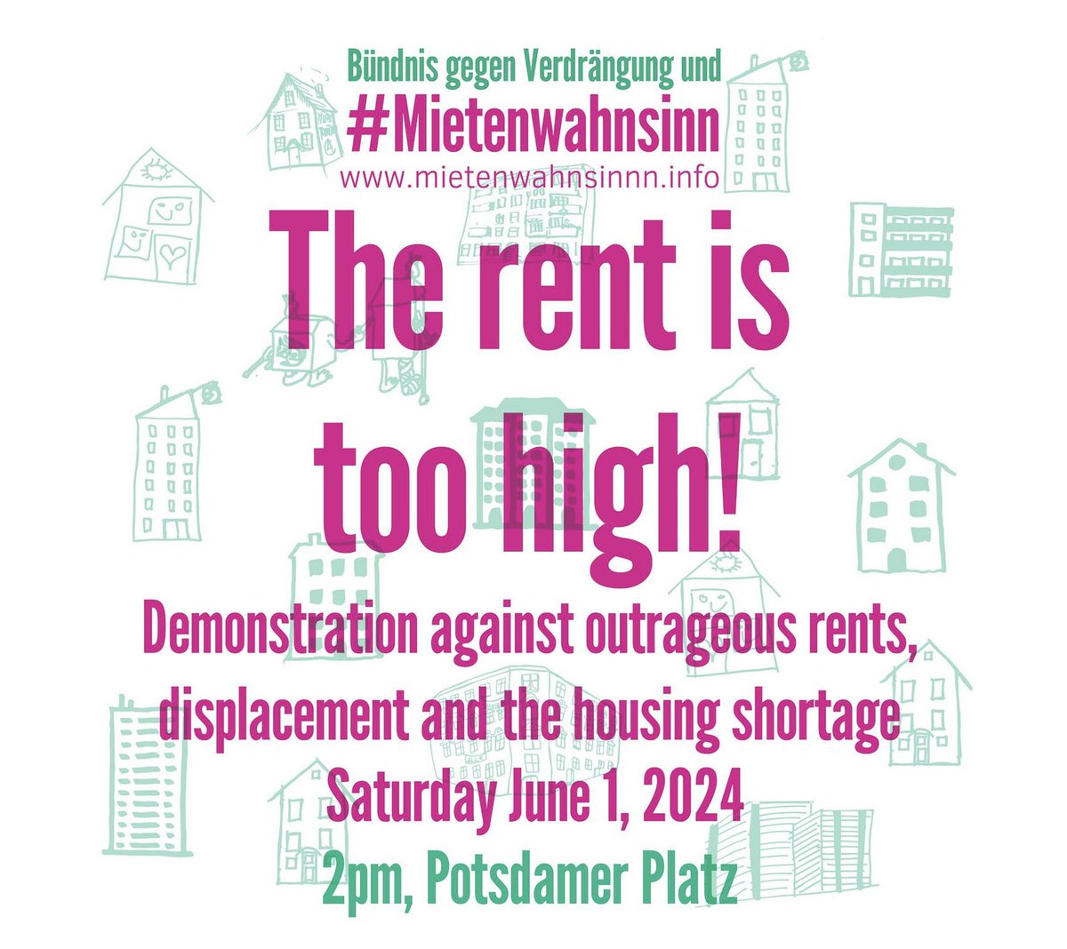 The rent is too high! 📷 On June 1st, there will be a big demo in Berlin against rising rent prices. European Parliament elections are approaching as well as a big real estate lobbying event in Berlin (Tag der Immobilienwirtschaft on June 11th). @MietenwahnsinnB