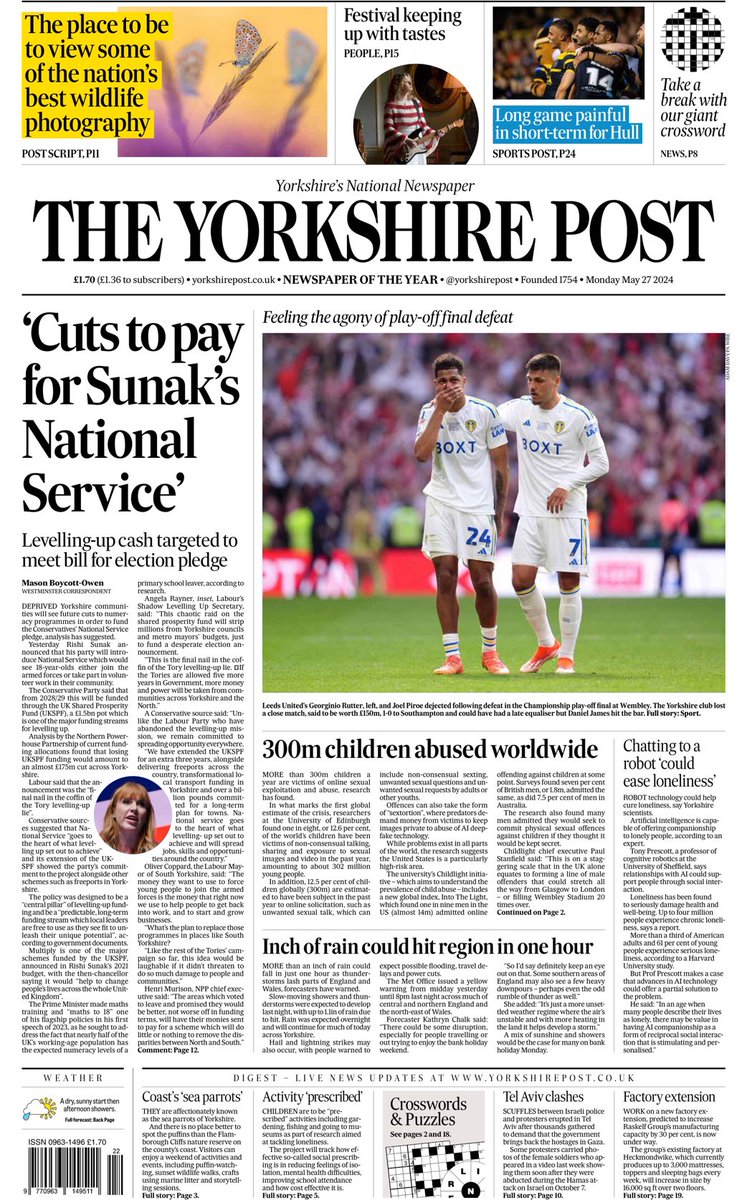 Monday’s YORKSHIRE Post: “ ‘Cuts to pay for Sunak’s National Service’ “. #TomorrowsPapersToday