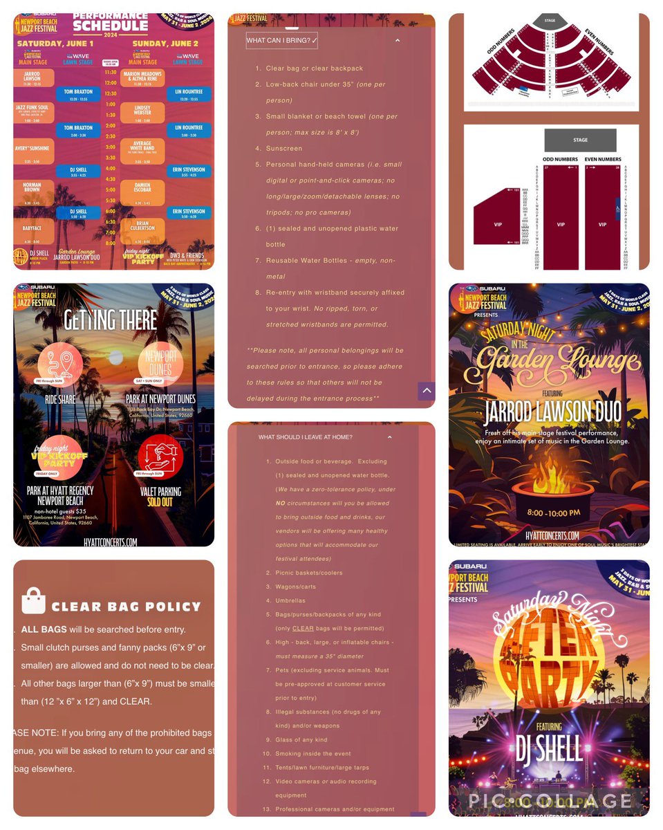 Hey SJFamily!  The 2024 Newport Beach Jazz Festival is next weekend, in Newport Beach, Ca. 

Here is some info to get everyone ready for the weekend. Select tickets are still available, so grab them now if you don’t have your tickets yet.  

festivals.hyattconcerts.com/guidelines-faq…?