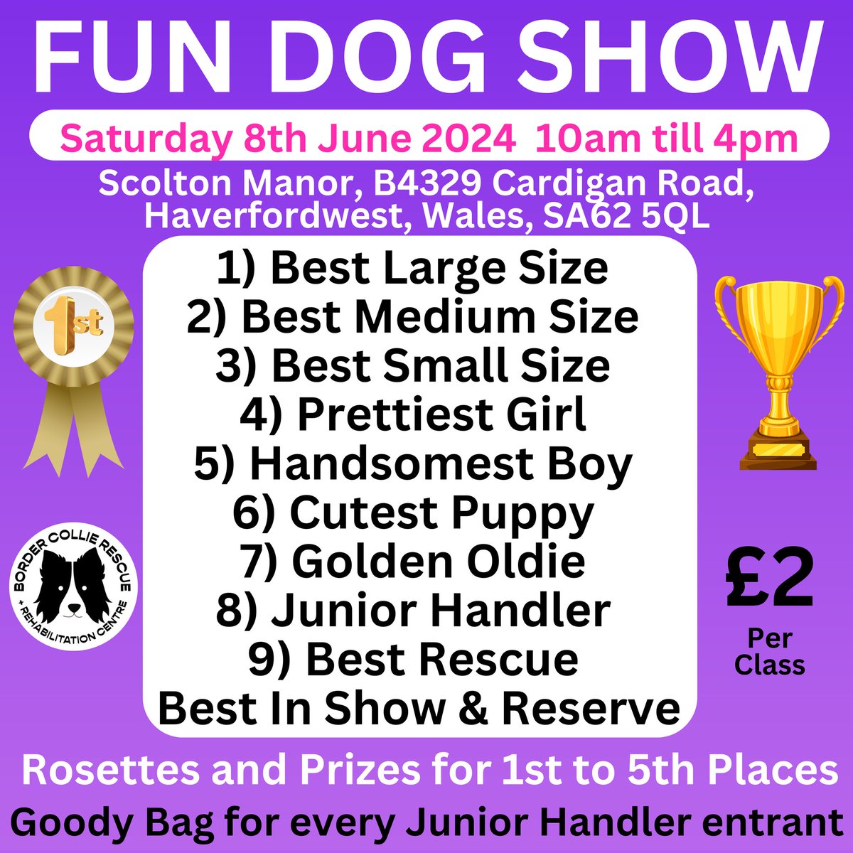 🏆DOG SHOW CLASSES🏆 We are running a fun dog show on the 8th June 2024 (10am till 4pm) at the Sandy Bear Children’s Bereavement Charity Family Fun Day at Scolton Manor in Haverfordwest. We are hoping for you to join us. 🙏