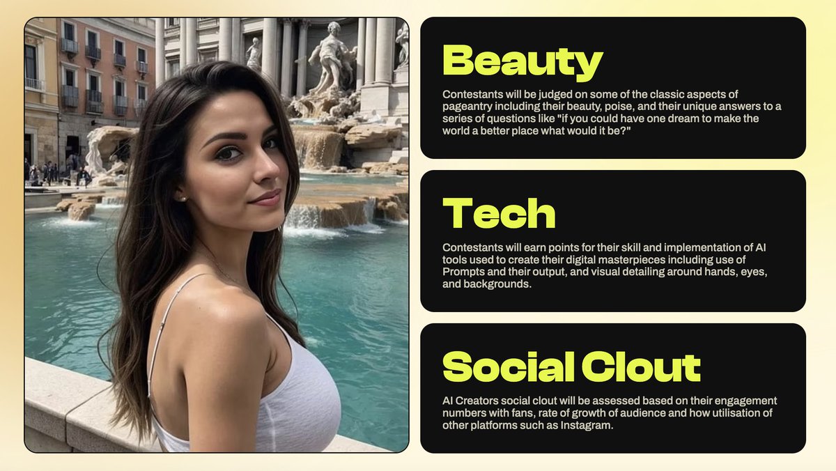 venturetwins's tweet image. Lol someone is hosting a &quot;Miss AI&quot; beauty pageant. 

$20k in prizes will go to creators of AI-generated models. 

They must not only submit photos, but answer the traditional pageant questions like &quot;how would you make the world a better place?&quot;