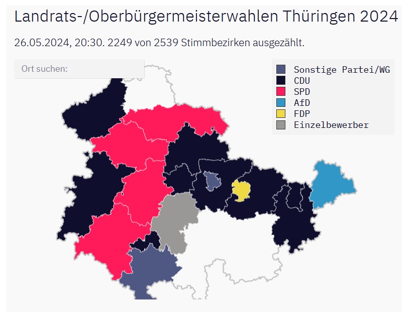 Bei den Landrats- und Oberbürgermeisterwahlen liegt die #AfD nur im Altenburger-Land knapp mit 33 % vorn. Ansonsten haben #SPD und #CDU mehrere Landratswahlen gewonnen. Demokratischer Glückwunsch nach #Thüringen! tah.de/politik/kommun…