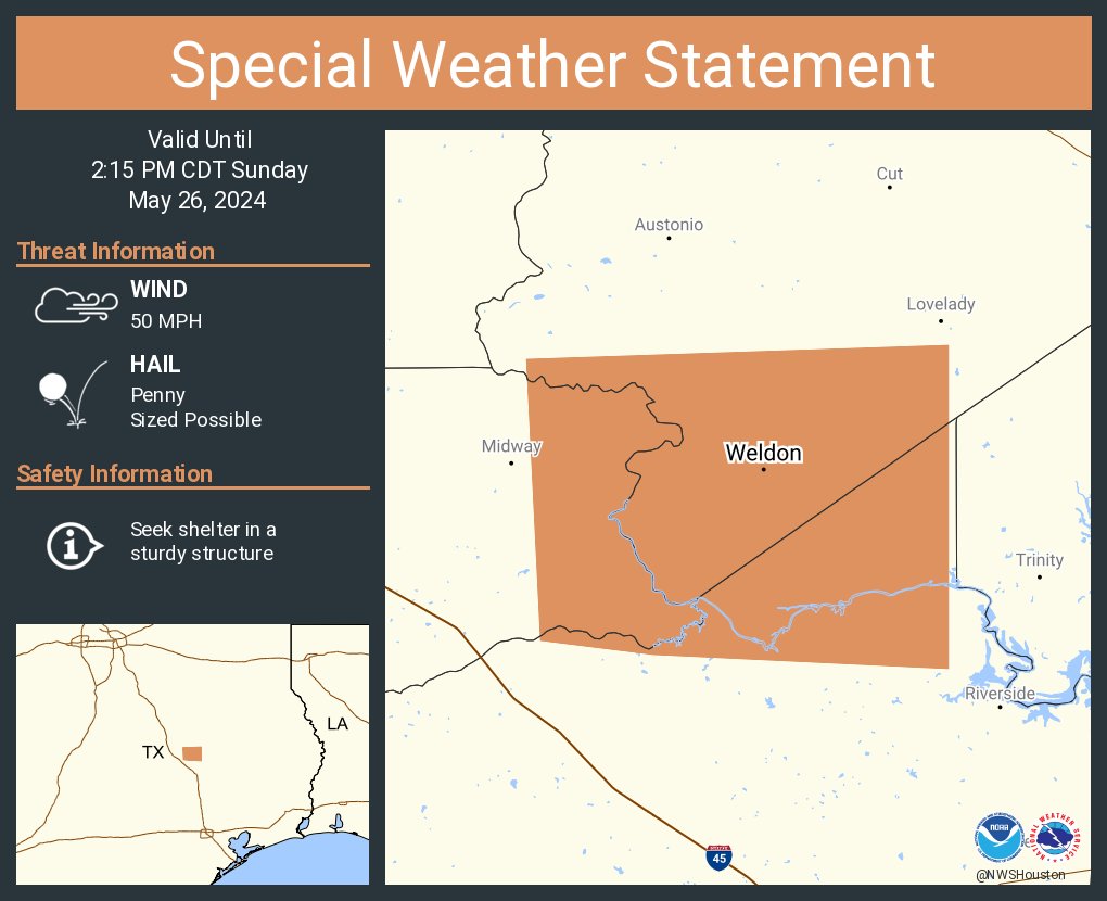 A special weather statement has been issued for Weldon TX until 2:15 PM CDT