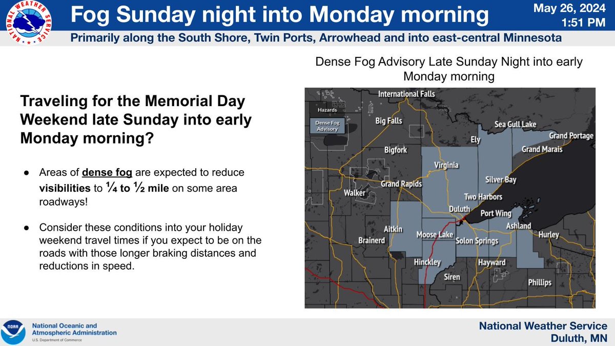 Areas of dense fog are expected late Sunday night into Monday morning and will likely create areas of reduced visibilities down to 1/4 to 1/2 miles for those traveling on the roadways. #MNwx #WIwx