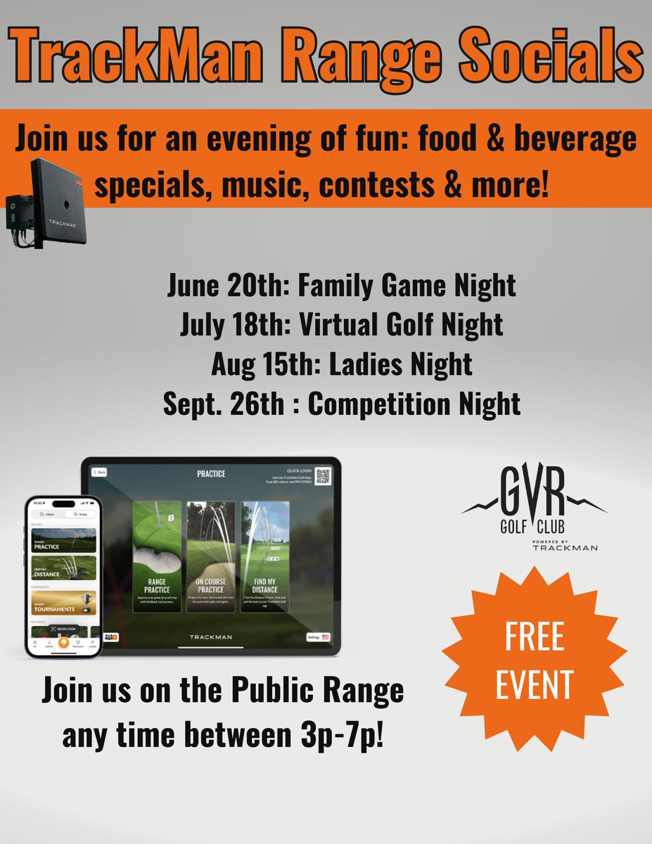 Join us for our TrackMan Range Socials coming up this summer!  Bring the family and experience all that TrackMan Range has to offer!  ⛳🏌️‍♀️🏌️