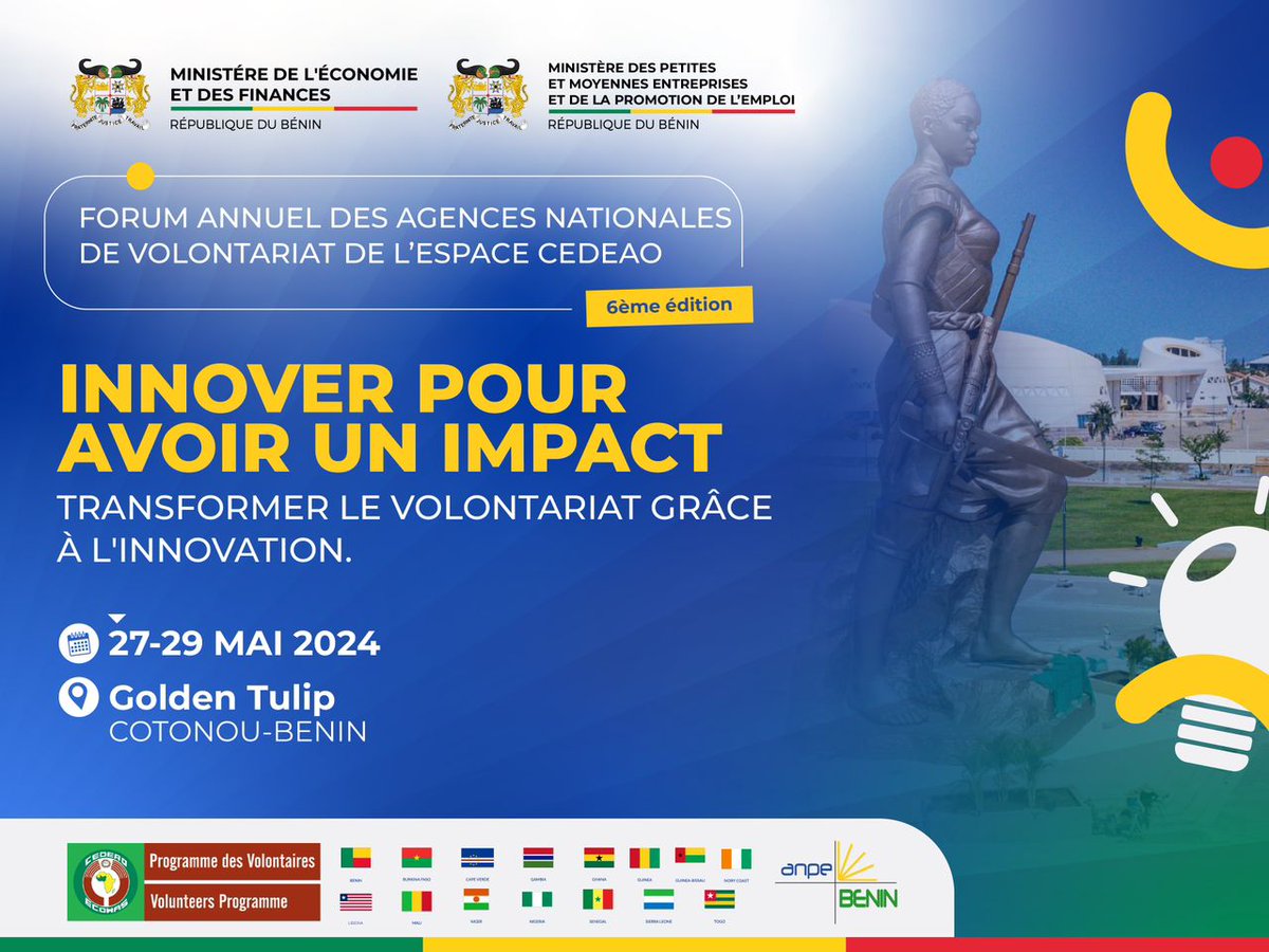 Du 27 au 29 mai 2024, le Bénin abritera le 6è Forum Annuel  des Agences Nationales de Volontariat de l’Espace CEDEAO.

#Anpebenin #EmploiBenin #wasexo
