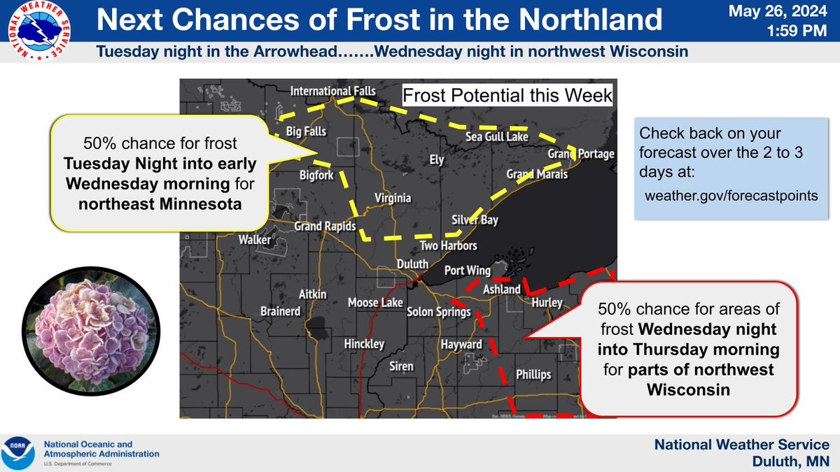 There is a 50% chance of frost Tuesday night into Wednesday morning for northeast Minnesota and Wednesday night into Thursday morning for northwest Wisconsin. Keep up to date on this frost potential over the next few days via weather.gov/forecastpoints . #MNwx #WIwx