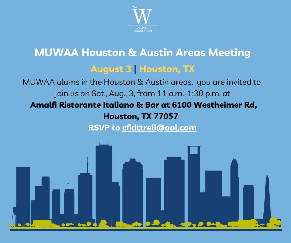 MUWalumniassoc's tweet photo. Join us August 3, from 11 a.m.-1:30 p.m. at Amalfi Ristorante Italiano and Bar at 6100 Westheimer Road in Houston, Texas. RSVP toย Cynthia Kittrellย (cfkittrell@aol.com) or send a message to the chapter's Facebook group by Wed., July 31.
#MUWAAย #ShareTheWStory https://t.co/LJjsInvkrY