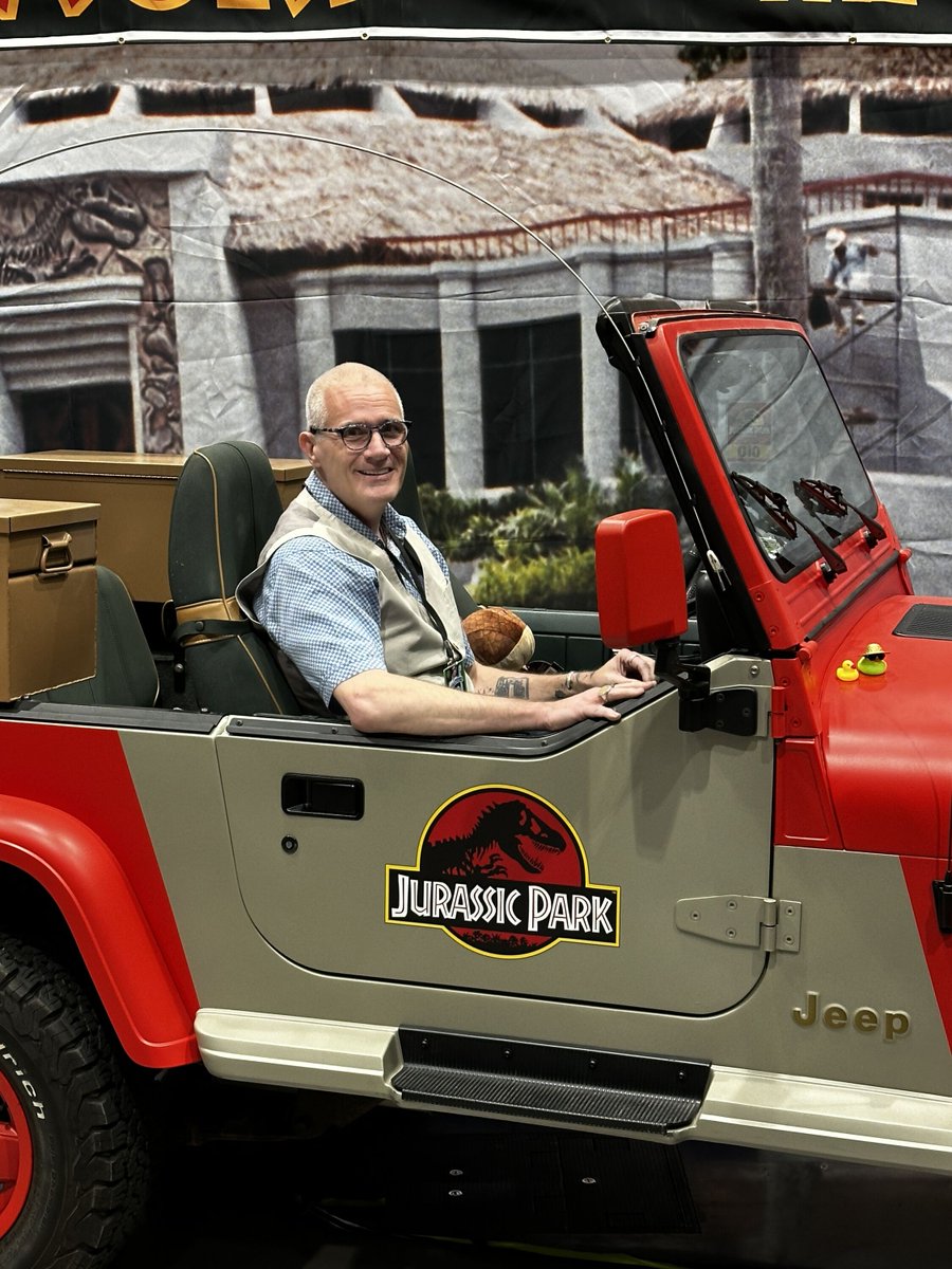 At the very fun Jurassic Park display at #galaxyconoklahomacity. In the words of Jeff Goldblum, “Must. Drive. Faster.” Come by and say hello - and come to the Daredevil panel with Mark Waid at 4:15 today.