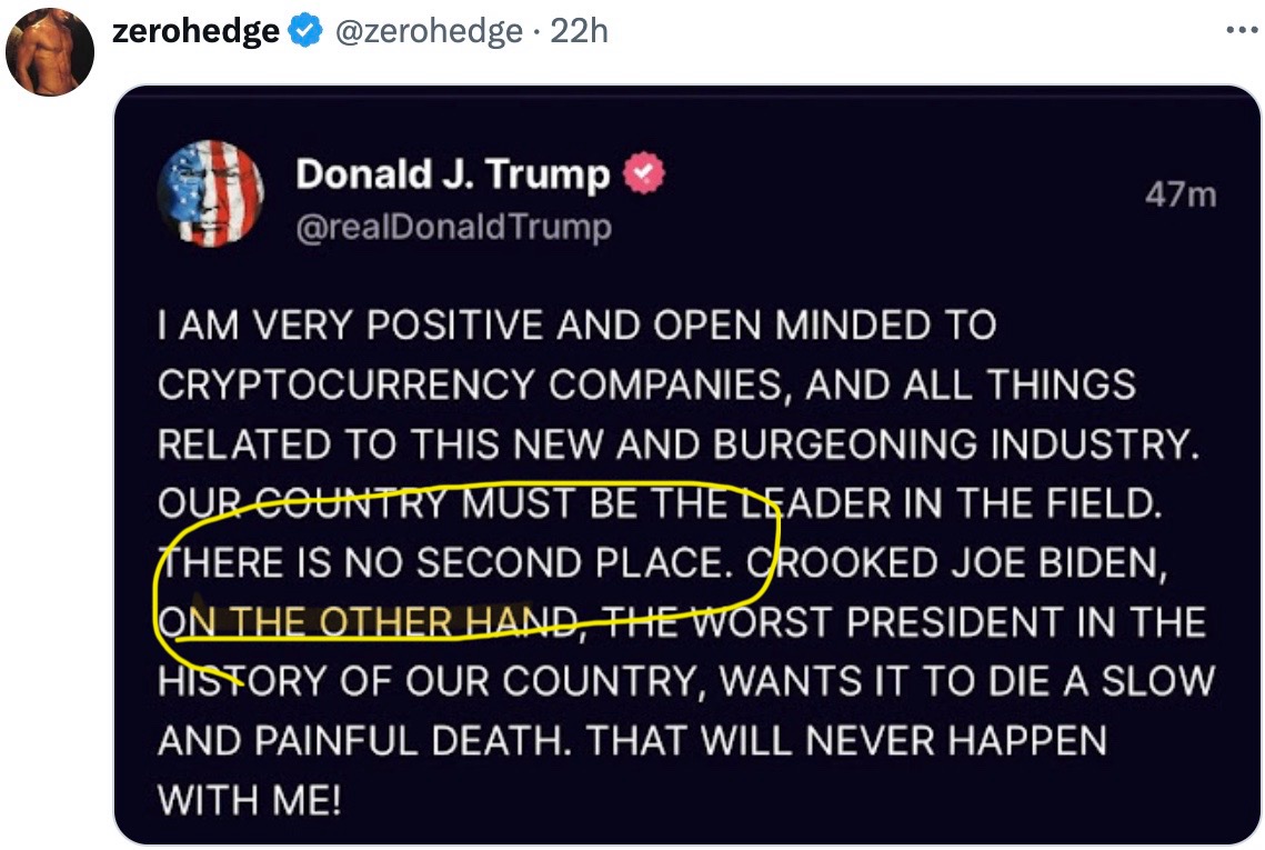 'There is no Second Place.' Sounds a lot like Mike @saylor: 'There is no Second Best.' I bet @VivekGRamaswamy and @realDonaldTrump are listening to @saylor for their #bitcoin plans.