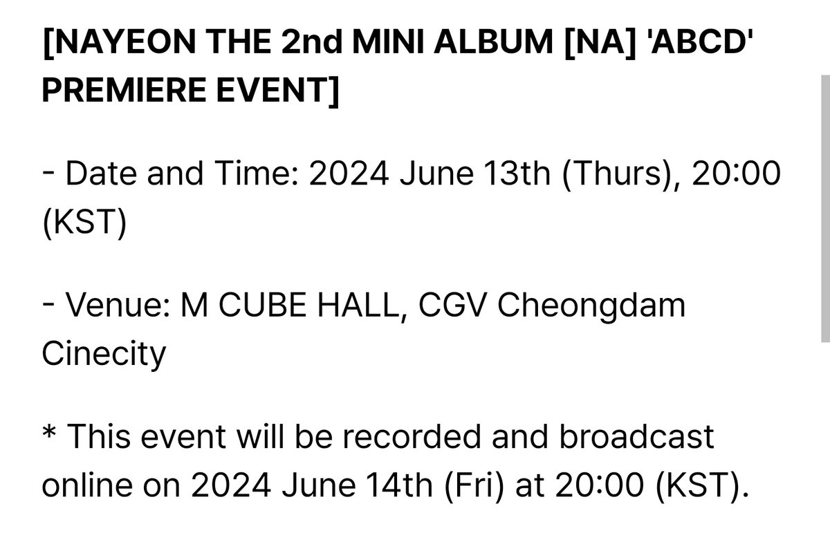 [240526] Nayeon'un 2. mini albümü ''NA'' ve başlık şarkısı ''ABCD'' için 190 tane ONCE'ın katılacağı prömiyer etkinliği kaydedilecek ve 14 Haziran'da saat 13.00'te yayınlanacak🫡 #TWICE #트와이스 @JYPETWICE