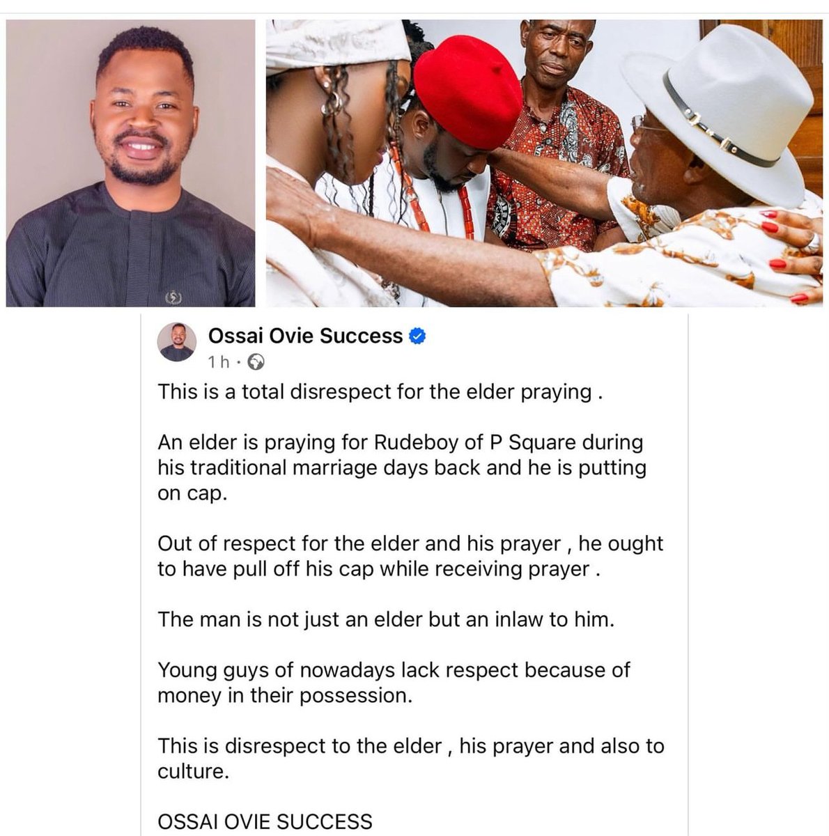 Young guys of nowadays lack respect because of money in their possession - Delta governor’s aide knocks Paul Okoye for wearing a cap while being prayed for by an elder at his wedding introduction.