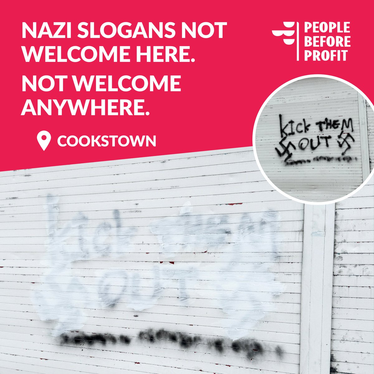 People Before Profit Mid Ulster condemns the despicable Nazi slogans and symbols sprayed in Cookstown. Not here, not anywhere. #NoPasarán
