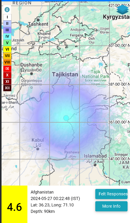 EQ of M: 4.6, On: 27/05/2024 00:22:48 IST, Lat: 36.23 N, Long: 71.10 E, Depth: 90 Km, Location: Afghanistan. For more information Download the BhooKamp App riseq.seismo.gov.in/riseq/earthqua… @KirenRijiju @Ravi_MoES @Dr_Mishra1966 @ndmaindia @Indiametdept