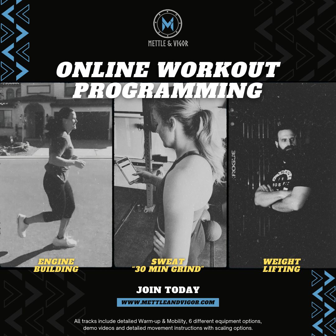 Start your free week now. mettleandvigor.com

We provide three daily workout programming tracks directly to your phone.

This  program is perfect for the veteran gym goer to those just coming off  the couch, from the young to the more seasoned in years.