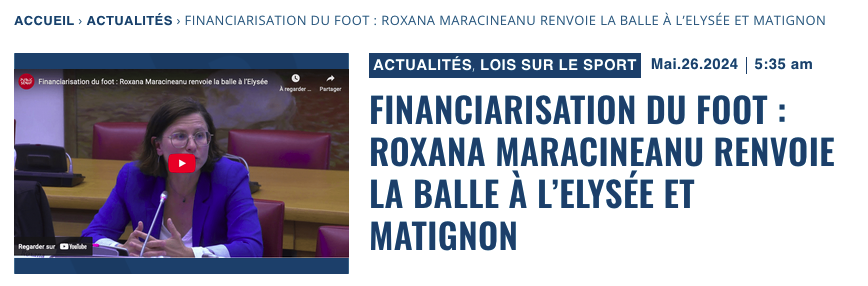 Financiarisation du foot : Roxana Maracineanu renvoie la balle à l’Elysée et Matignon L’ancienne ministre des Sports, @RoxaMaracineanu était auditionnée par la commission d’enquête sénatoriale sur la financiarisation du football. Les élus ont voulu savoir dans quelles conditions