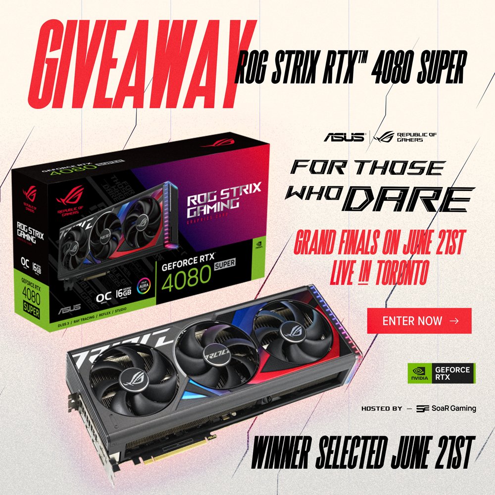 🚨 ROG Strix RTX™ 4080 SUPER Giveaway 🚨

✅ like and retweet
✅ tag a friend
✅ enter i.soar.gg/FTWDApex-Givea…

For Those Who Dare - $25K Apex Legends Tournament GRAND FINALS on June 21st 

winner announced 6/21 | #PoweredbyROGGraphicsCard