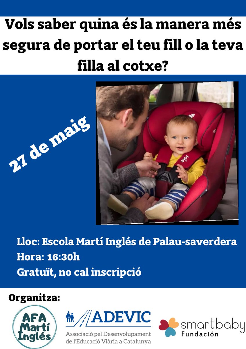Si voleu saber quina és la manera més segura de portar els vostres fills a l'interior d'un vehicle, no us podeu perdre aquesta xerrada 
Anirem a resoldre els vostres dubtes amb els nostres amics de la #FundaciónSmartBaby
#SRI
#seguretatviària 
#VirusVial
#SumarParaRestar