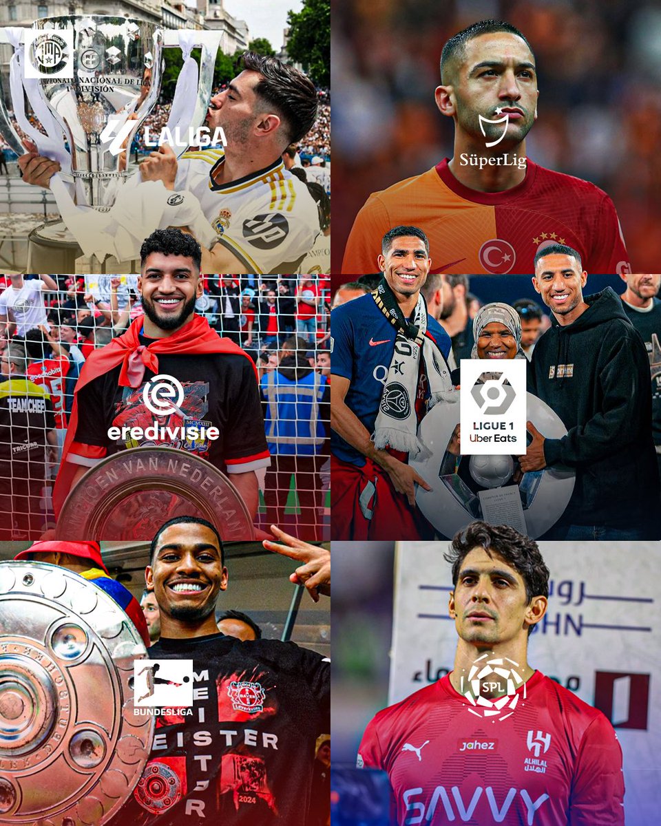 🚨 𝗜𝗡𝗖𝗥𝗢𝗬𝗔𝗕𝗟𝗘 ! 6 joueurs marocains ont remporté leur championnat cette saison. 😳 🏆 Brahim - LaLiga 🇪🇸 🏆 Achraf Hakimi - Ligue 1 🇫🇷 🏆 Amine Adli - Bundesliga 🇩🇪 🏆 Ismael Saibari - Eredivisie 🇳🇱 🏆 Yassine Bono - SPL 🇸🇦 🏆 Hakim Ziyech - SüperLig 🇹🇷 DICTATURE. 🇲🇦