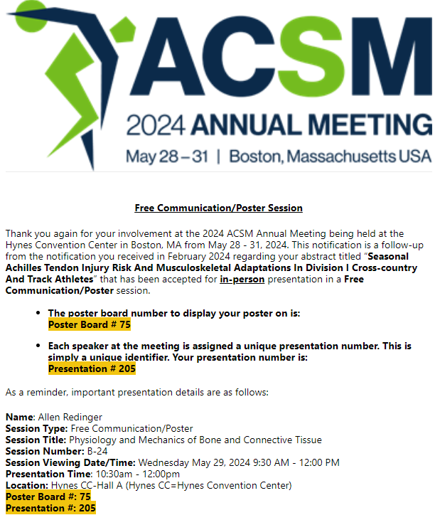 DrAllenRedinger's tweet photo. Very excited for National ACSM next week in Boston! Feel free to stop by and chat about some of our most recent athlete musculoskeletal and tendon research coming out of the MAAX Lab. Can't wait to catch up with old friends, make new ones, and learn a TON! @ACSMNews https://t.co/j8SeJPgfXh