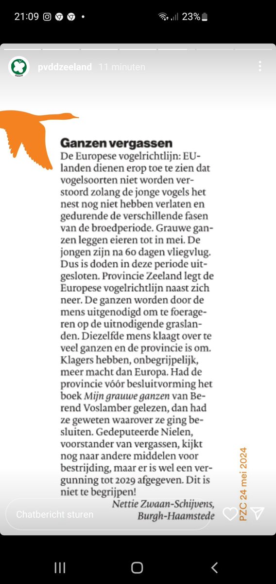 Goede ingezonden brief in de #PZC over het #vergassen van #ganzen in #natura2000 gebieden in Zeeland. 
Hoop dat #BBBer @WRLNielen ook even meeleest. Volgens hem is vergassen helemaal niet cru en is het zelfs een zeer vriendelijke manier om #ganzen weg te nemen. #koekoek