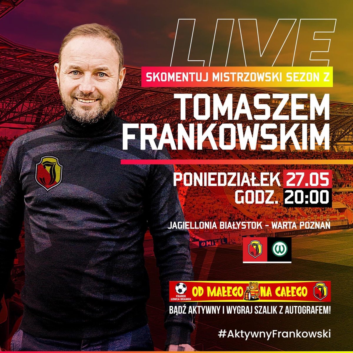 🎥 Już 27 maja o godz. 20:00 zapraszam na spotkanie live! Wspólnie skomentujemy mistrzowski sezon i podzielimy się spostrzeżeniami. Dołączcie do dyskusji. Do zobaczenia! ✋ #AktywnyFrankowski PS Transmisja na Facebooku!