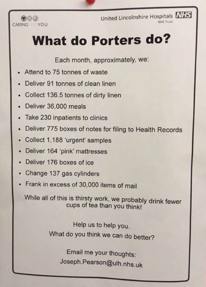 We will never get tired of sharing this NHS porters rarely get a mention, but they are doing an absolutely heroic job right now to keep our hospitals moving Please spare a RT for all of them