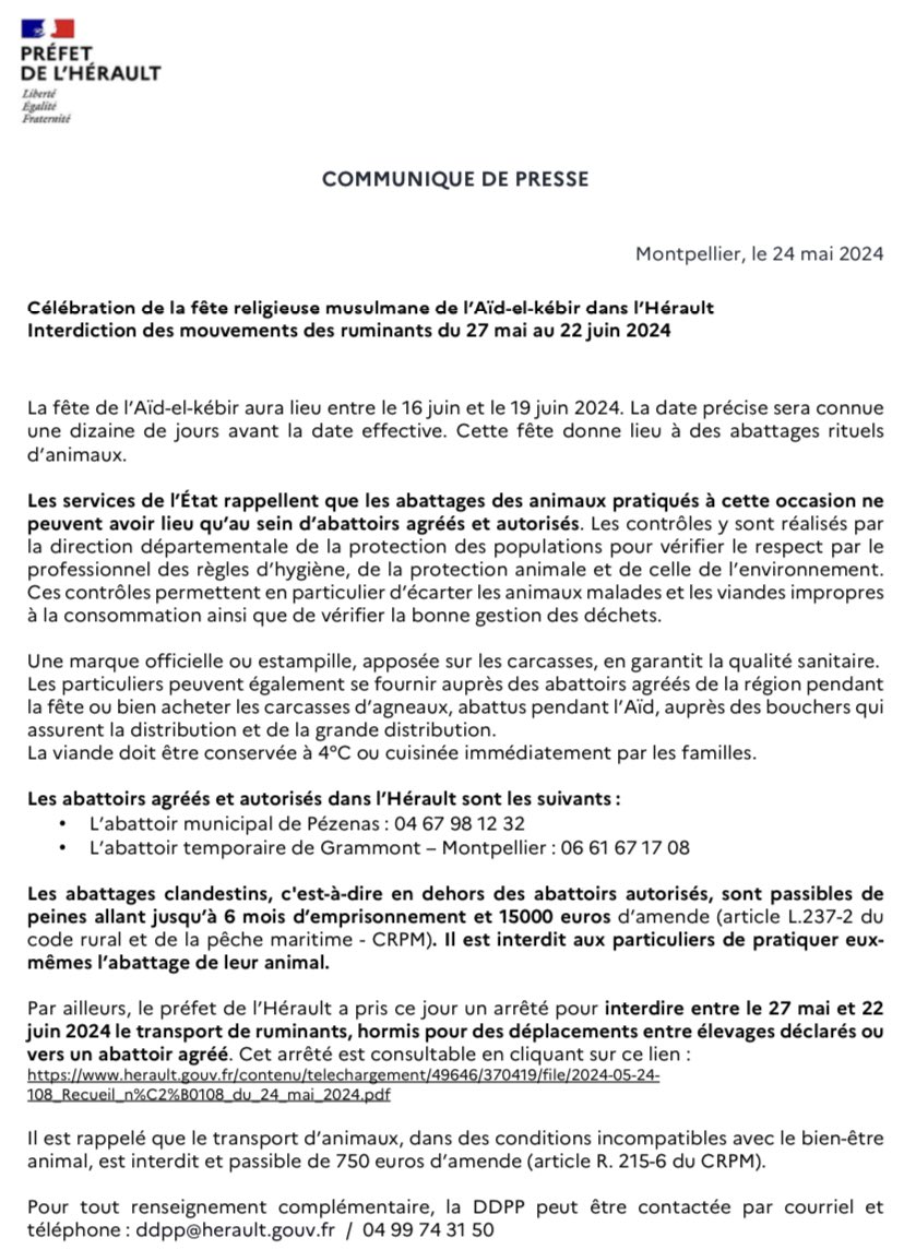 Célébration de la fête religieuse musulmane de l’Aïd-el-kébir dans l’#Hérault 👉 interdiction des mouvements des ruminants du 27 mai au 22 juin 2024. 🔍 Plus d’informations dans le communiqué de presse :