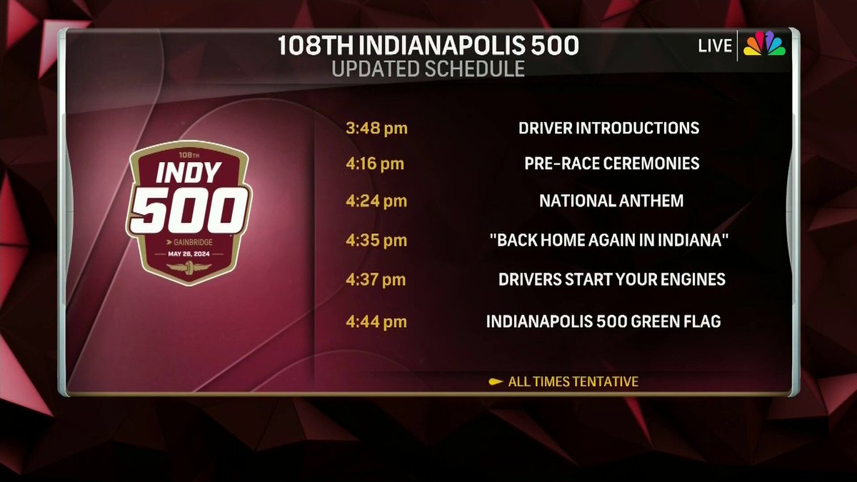 The updated tentative schedule for the #Indy500.