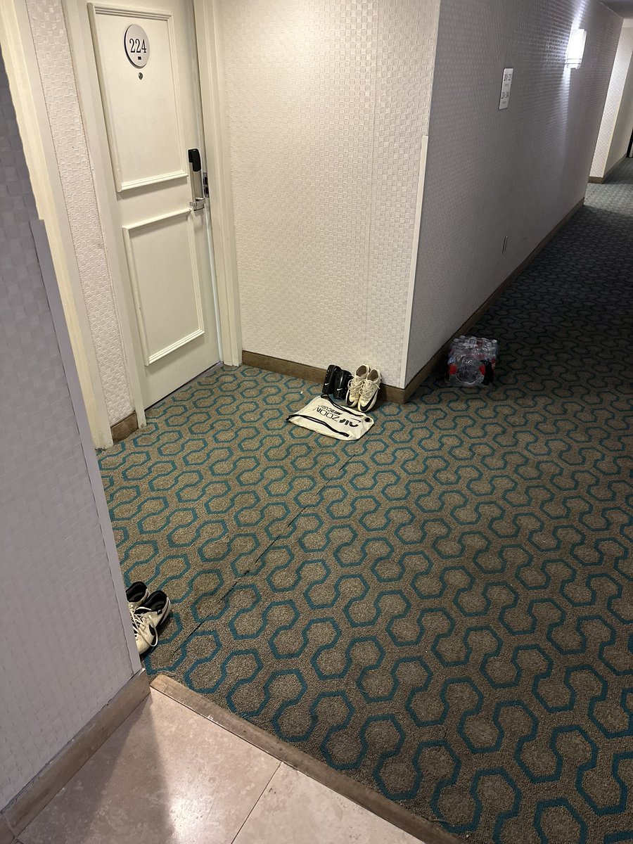 As far as I can tell, we are currently sharing a hotel floor with the South Korean U20 (?) national team. Based on the boots sitting outside every door, I think we might be the only room in this entire wing without players in it haha