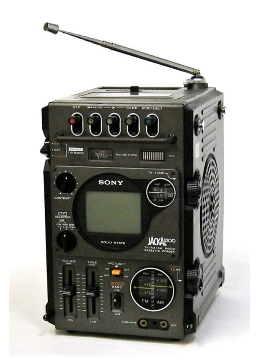 The Sony FX-300 Jackal from 1978. It has a mini CRT television screen, precision analog tuning, top-mounted cassette player recorder, AM-FM reception, built-in speaker, earphone, mic external ports.