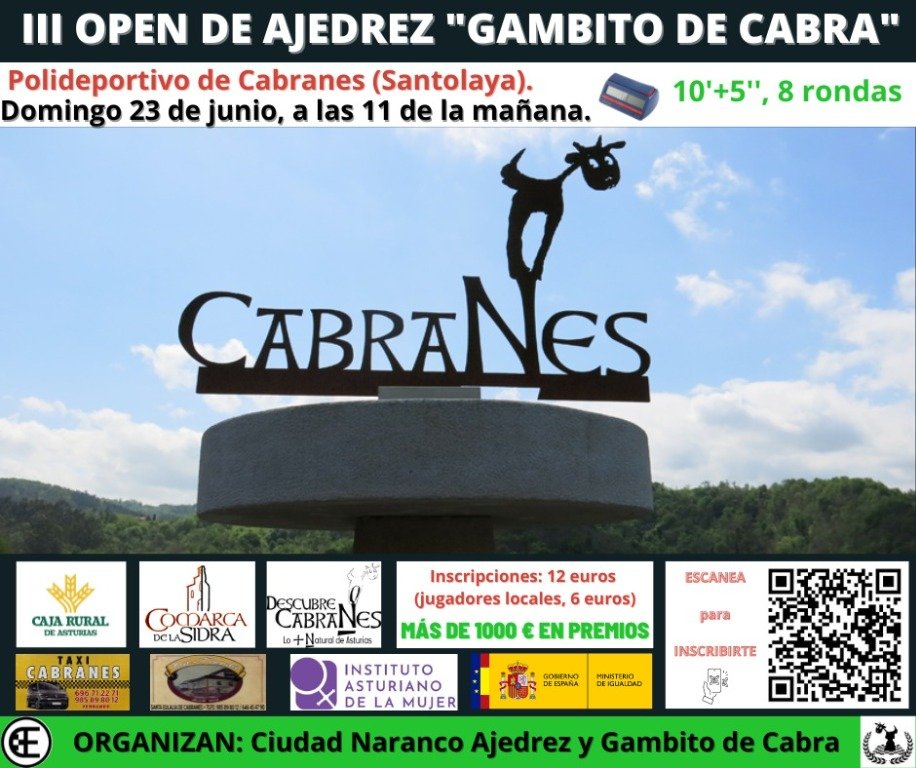 III Open Gambito de Cabra ♟️🐐 (@Comarcasidra) 🗓️ 23 de junio; 11:00 a 19:00 📌 Polideportivo de Cabranes (@CabranesDe) ⏰ 10'+5'; 8 rondas 💶 +1000€ en premios Abiertas las inscripciones a través de @Cluber_App. #Ajedrez #Chess #Asturias