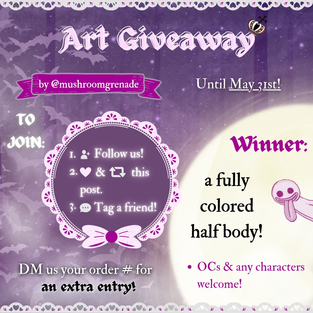 Horohorohoro~   

We have a surprise! Like, retweet, follow, & tag a friend to enter our art giveaway by @mushroomgrenade! 
For an extra entry, DM us your order number~  

The winner will be announced on 5/31! 

👻 Shop: …stprincessperonaproject.bigcartel.com