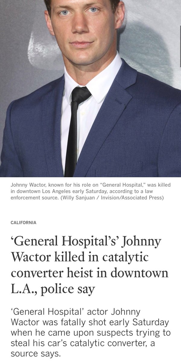 So Tragic: From LATimes - Actor Johnny Wactor was shot dead in downtown L.A. upon confronting 3 masked men stealing his catalytic converter. These thefts are incredibly common. Why? Even if they’re caught, they’re given a TICKET and released. They immediately go back to