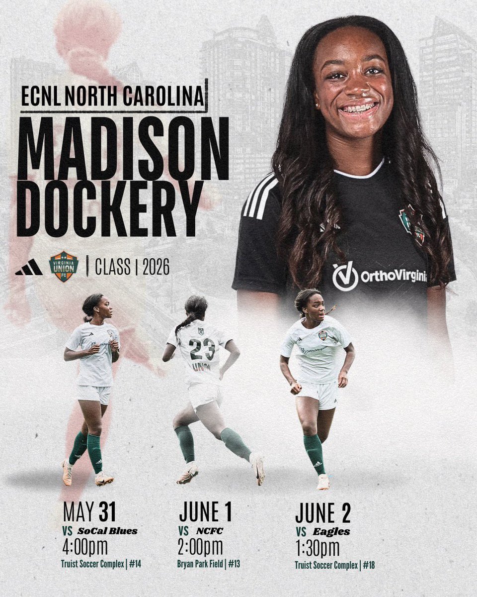 Madison Dockery (@madisondoc2026) on Twitter photo Excited to head to the <a href="/ECNLgirls/">ECNL Girls</a> North Carolina showcase this week! Here's our schedule! Looking forward to seeing everyone there. <a href="/PrepSoccer/">Prep Soccer โฝ๏ธ</a> <a href="/TopDrawerSoccer/">TopDrawerSoccer</a> <a href="/TheSoccerWire/">SoccerWire</a> <a href="/ImYouthSoccer/">ECNL/GA/Recruiting/College Soccer</a> @VaUnionFC <a href="/UnionECNL/">Union ECNL Girls Recruiting</a> #ECNLNorthCarolina Excited to head to the <a href="/ECNLgirls/">ECNL Girls</a> North Carolina showcase this week! Here's our schedule! Looking forward to seeing everyone there. <a href="/PrepSoccer/">Prep Soccer โฝ๏ธ</a> <a href="/TopDrawerSoccer/">TopDrawerSoccer</a> <a href="/TheSoccerWire/">SoccerWire</a> <a href="/ImYouthSoccer/">ECNL/GA/Recruiting/College Soccer</a> @VaUnionFC <a href="/UnionECNL/">Union ECNL Girls Recruiting</a> #ECNLNorthCarolina