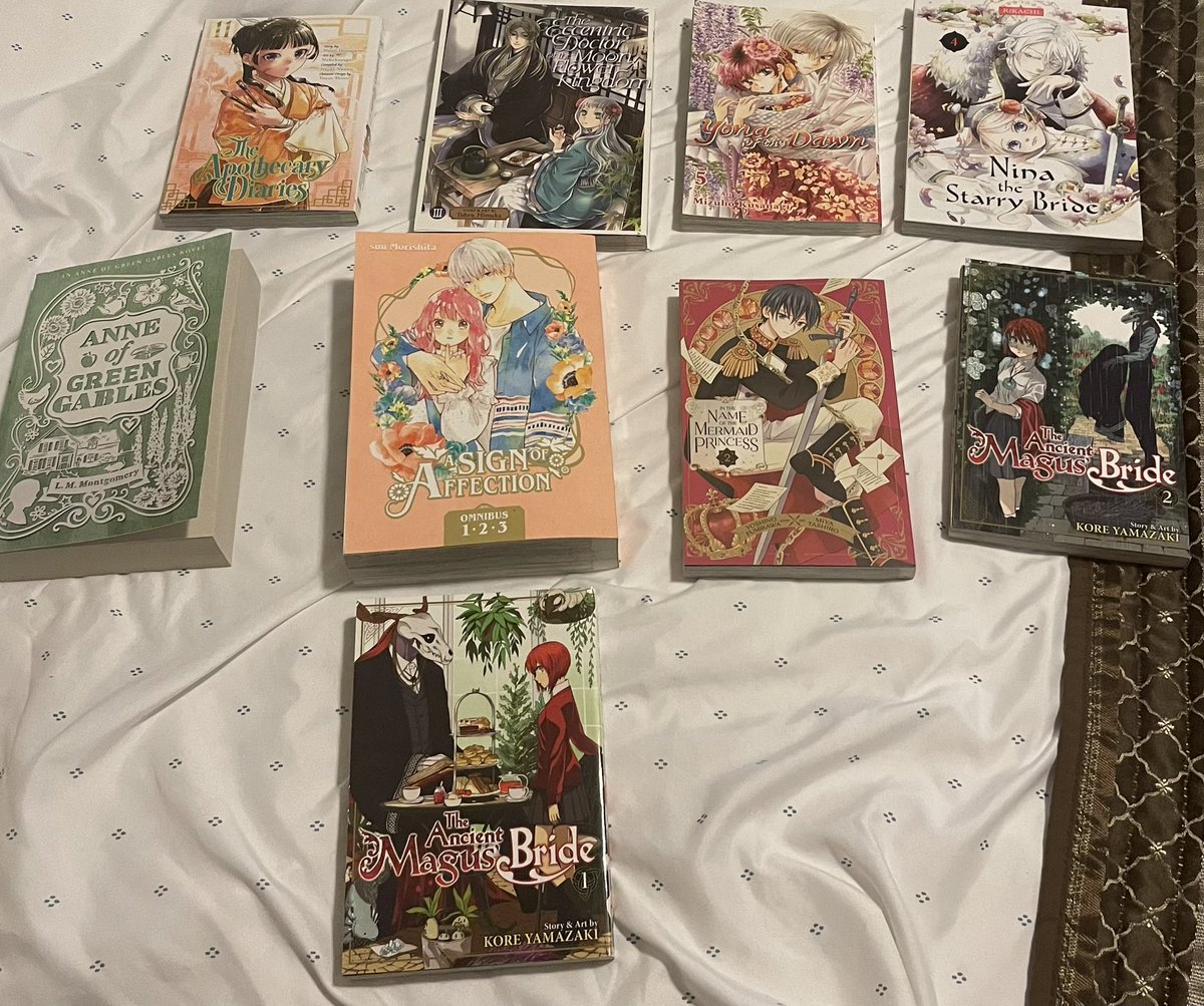 My books a million haul

Anne of green gables, Apothecary diaries vol 11, eccentric doctor of the moon flower kingdom vol 3, yona of the dawn vol 5, Nina the starry bride vol 4, ancient magus bride vol 1-2, in the name of the mermaid princess vol 2, & sign of affection omnibus!